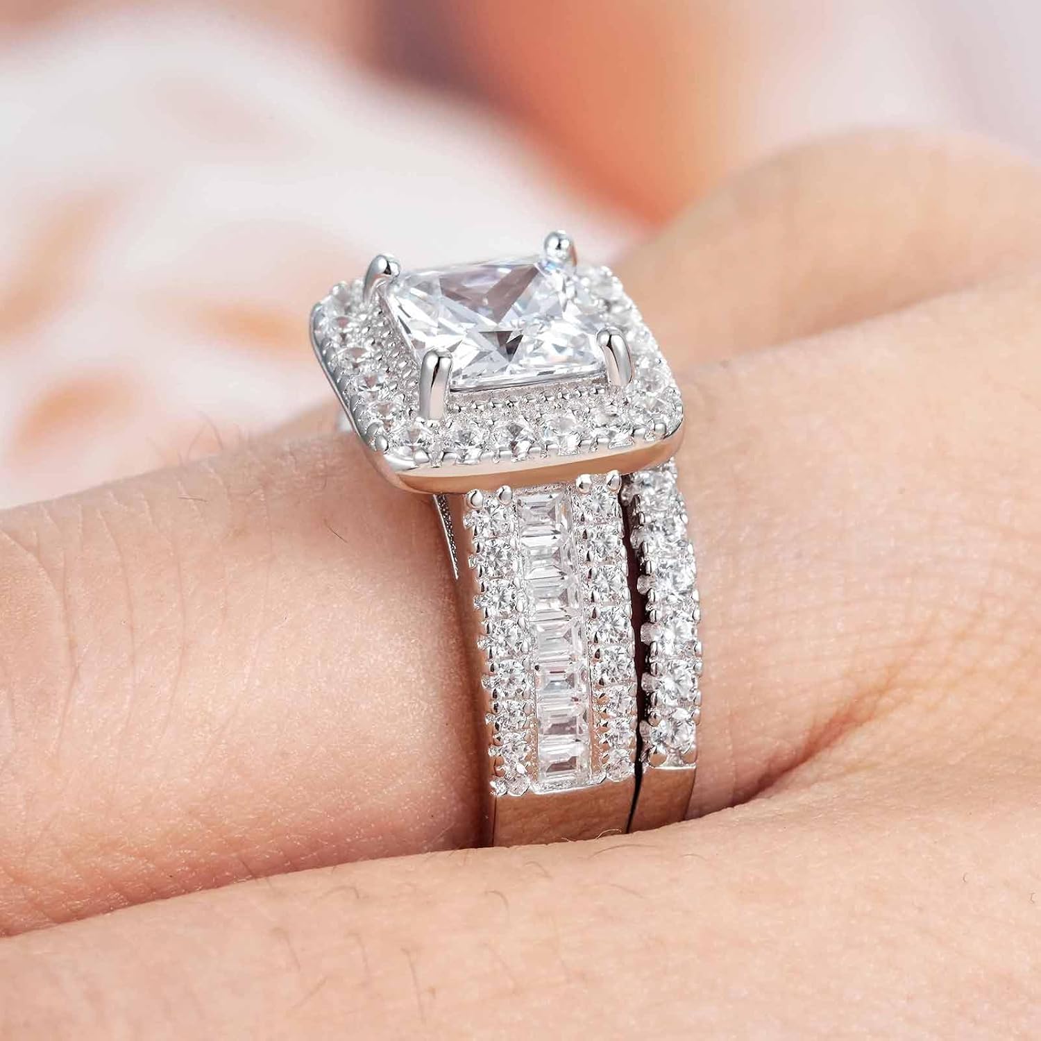 Womens Princess Cut Bridal Ring Sets 925 Sterling Silver CZ Halo Wedding Rings Set for Her Engagement Promise Rings Band Cubic Zirconia for Women Size 5-10 - Image 6