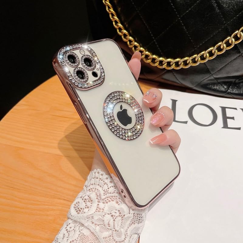 Image of LuxuryKase Sparkling Crystal Clear Case for iPhone 14 Pro | Logo Cut | Soft Protective TPU Case | Diamond Camera Lens Protector - Rose Gold