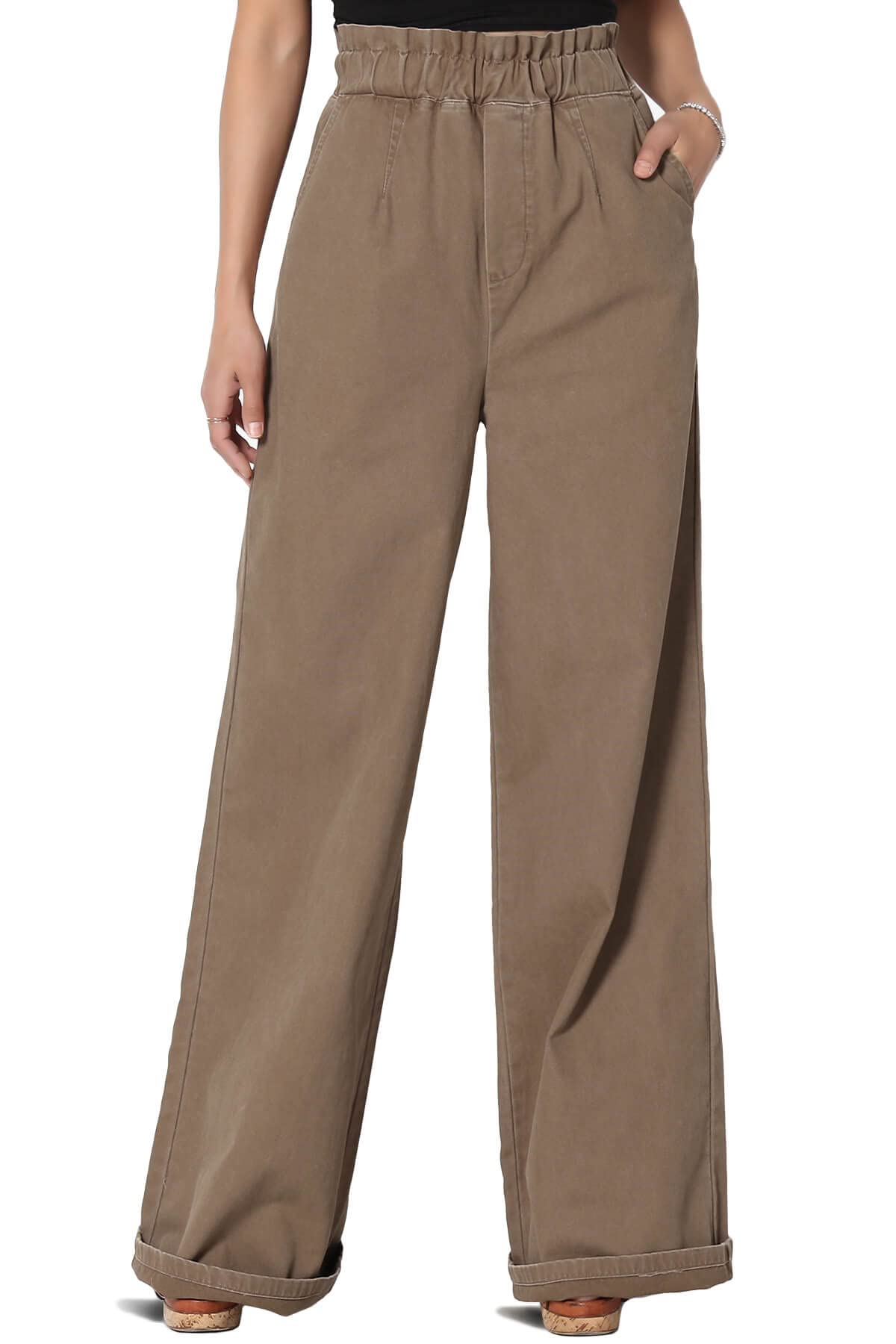 TheMogan Womens Tall S 3X Washed Canvas Twill Paperbag Elastic High Waist Wide Pants