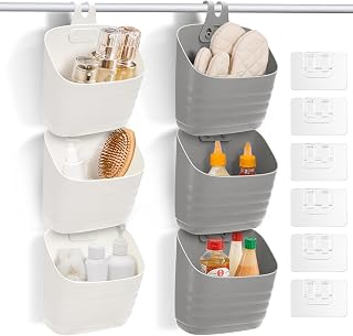 6 Pack Plastic Hanging Basket for Kitchen, Over Cabinet Door Organizer with Removable Hook, Stackable Wall Mounted Storage Shower Caddy, No Drilling Shelf Bins for Food Bathroom Pantry Closet