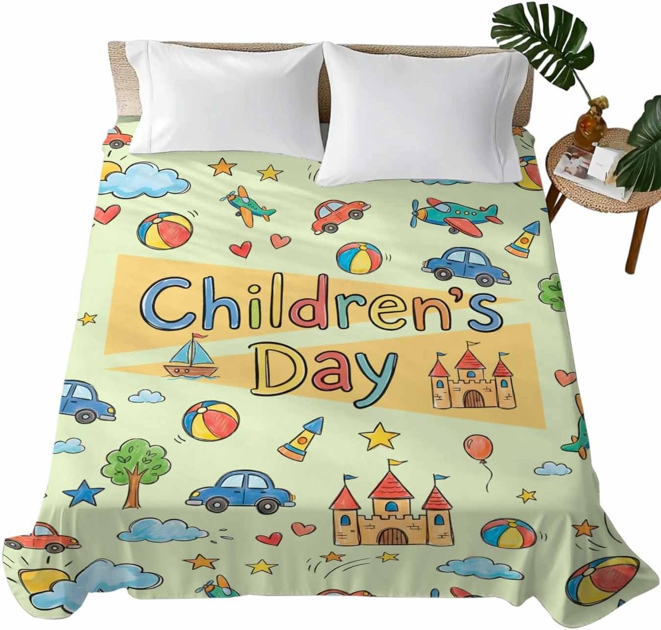 Full Flat Sheet, Happy Children's Day Full Bed Sheets Only, Soft Microfiber Flat Sheet, Cartoon Castle Childhood Innocence Hotel Quality Bedding Top Sheet Bedroom Home Dorm Decor