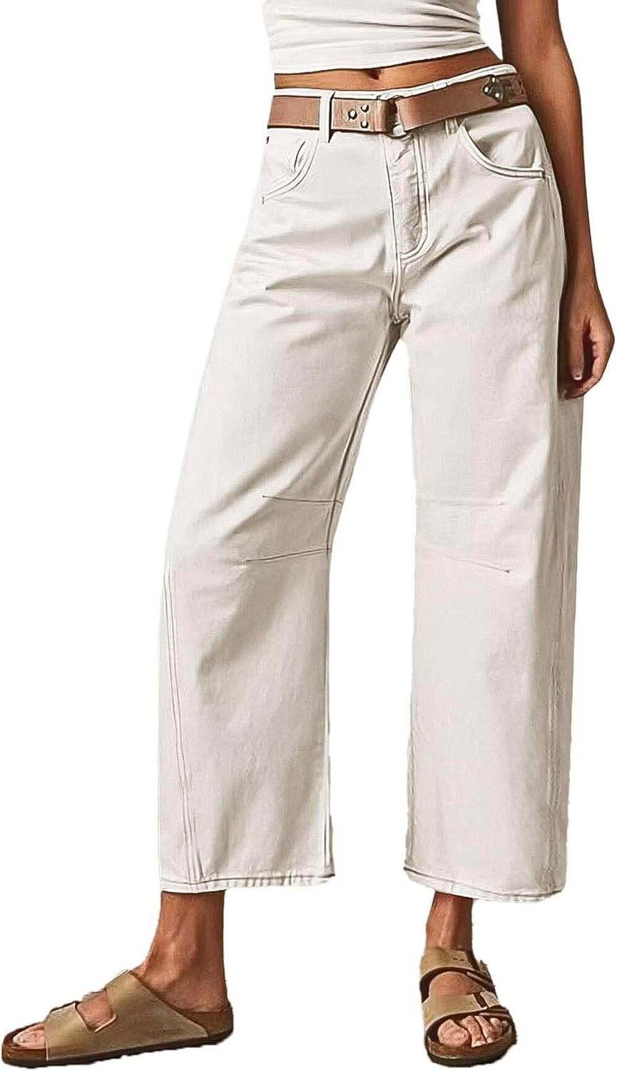 Flamingals Women’s Mid Waist Wide Straight Leg Jeans Casual Fashion Trendy Denim Crop Denim Pants Without Belt