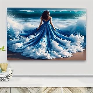 14 Beachy Bathroom Ideas with Breezy Coastal Vibes 8 EUXUXI Ocean Wave Canvas Wall Art - Blue Sea and Woman Dress Painting Pr...