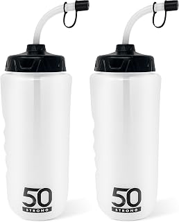50 Strong 2-Pack 1L Sports Water Bottles with Straw & Finger Grip - BPA-Free, Dishwasher Safe, Made in USA for Hockey, Football, Gym