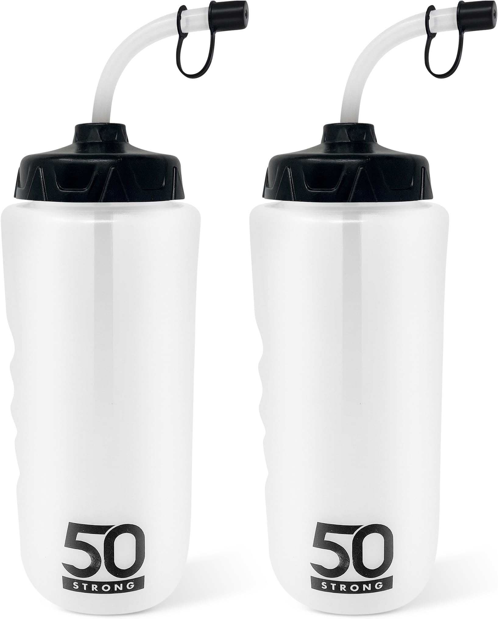 50 Strong 1 Liter Water Bottle with Straw – 2-Pack Easy-Squeeze Sports Bottles with Long Straw & Built-In Finger Grip – BPA-Free – Made in USA – Ideal for Hockey, Football, Lacrosse & Boxing