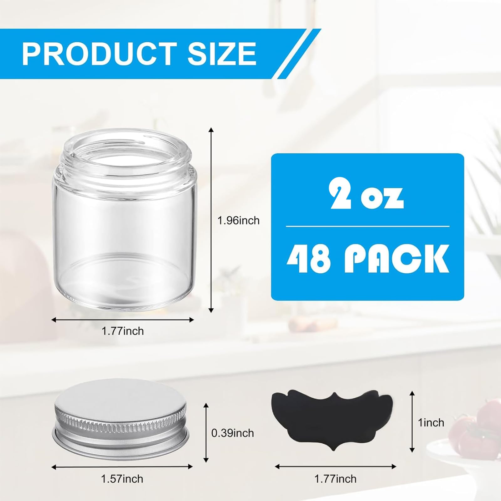 Voittozege 2oz Mini Mason Jars with Silver Lids, 48 Pack Clear Glass Jars Ginger Shots Bottles and 48 Pcs Labels,Glass Spice Jars,Small Mason Juice Bottles for Jam, Honey, Wedding Favors,Shower Favors