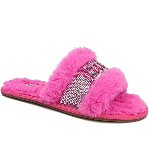 Juicy Couture Women's Plush Faux Fur Slippers – Cozy Open-Toe Slides, Soft Indoor/Outdoor House Shoes