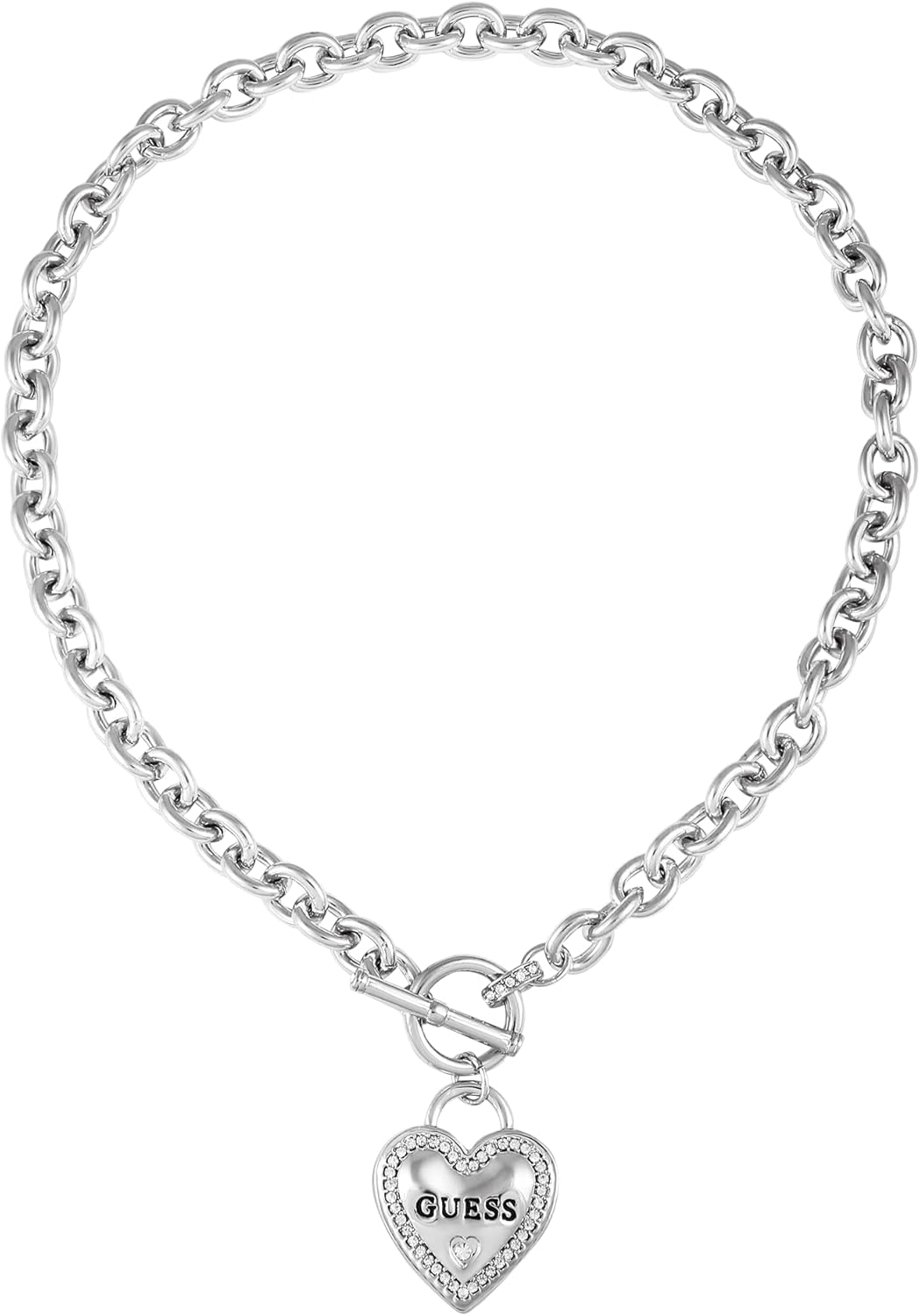 GUESS Silver-Tone Dangle Logo Heart Pendant Toggle Necklace