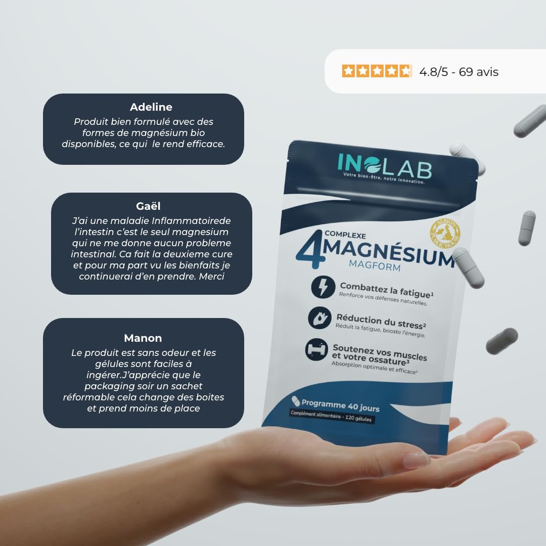 INOLAB Magnésium Premium 5-en-1 | Magnesium Bisglycinate + Malate + Laitue de mer bio + Taurinate | Magnesium B6 | Haute Absorption & tolérance | Anti-Stress & Fatigue | 120 Gélules