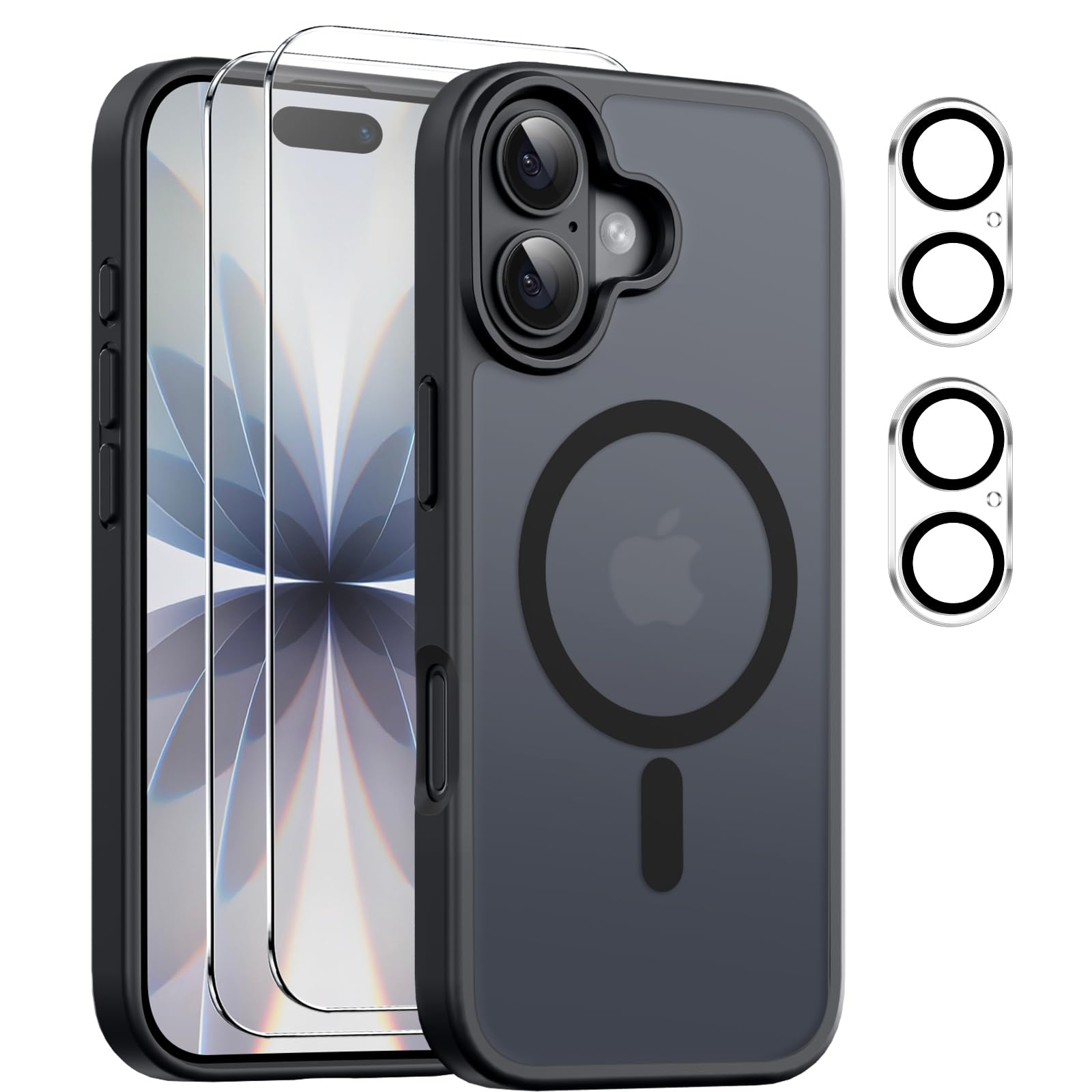 Magnetic Cover per iPhone 17 Compatibile con 2 vetri temperati e 2 vetri per fotocamera, Translucent Matte Slim Back PC+TPU Bumper Shockproof - Nero