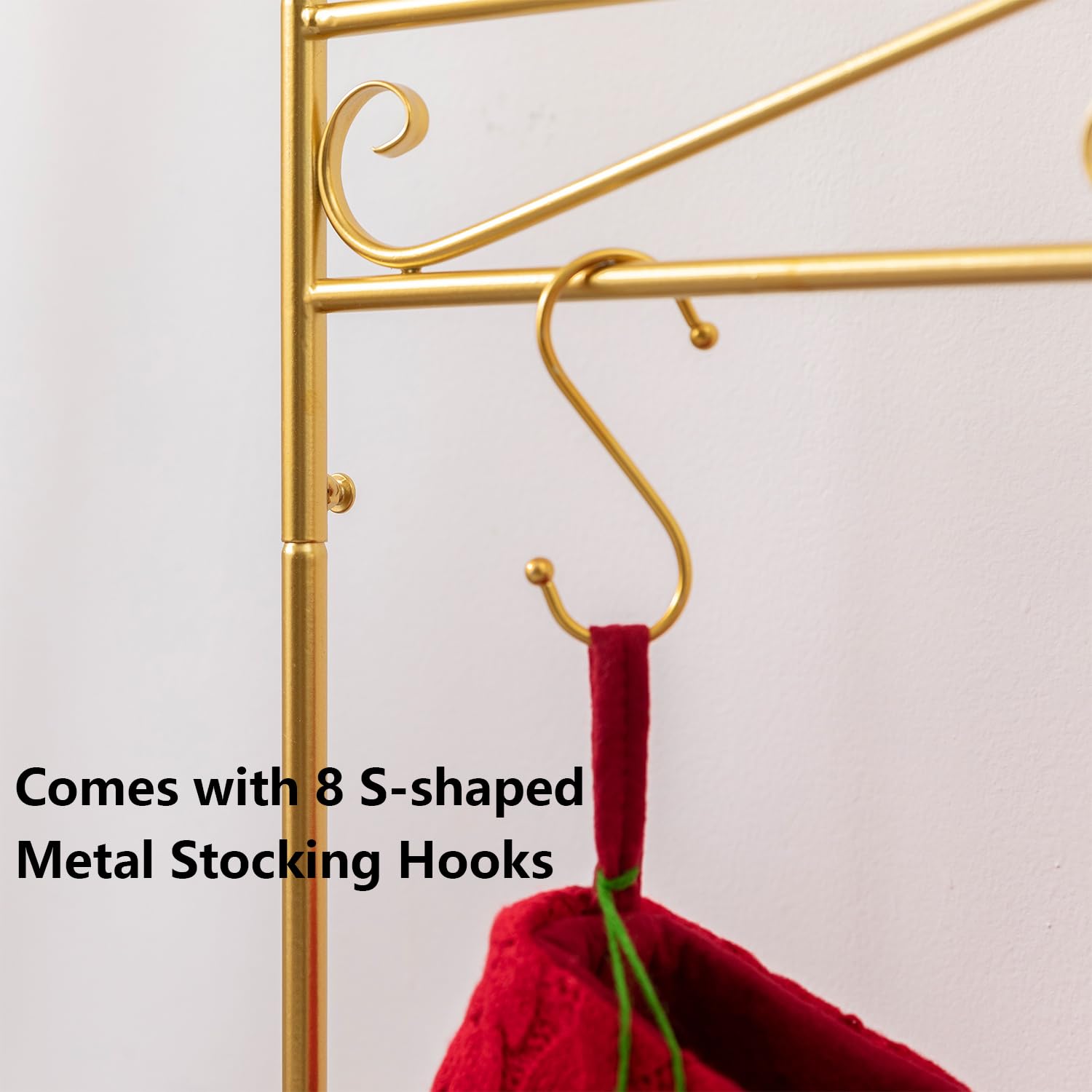 Metal Christmas Stocking Holder Stand, Golden Freestanding Christmas Sock Stand with 8 Hooks, Christmas Stocking Hangers for Indoor Floor Fireplace Decorations - 40"L x 11 "W x 36 "H