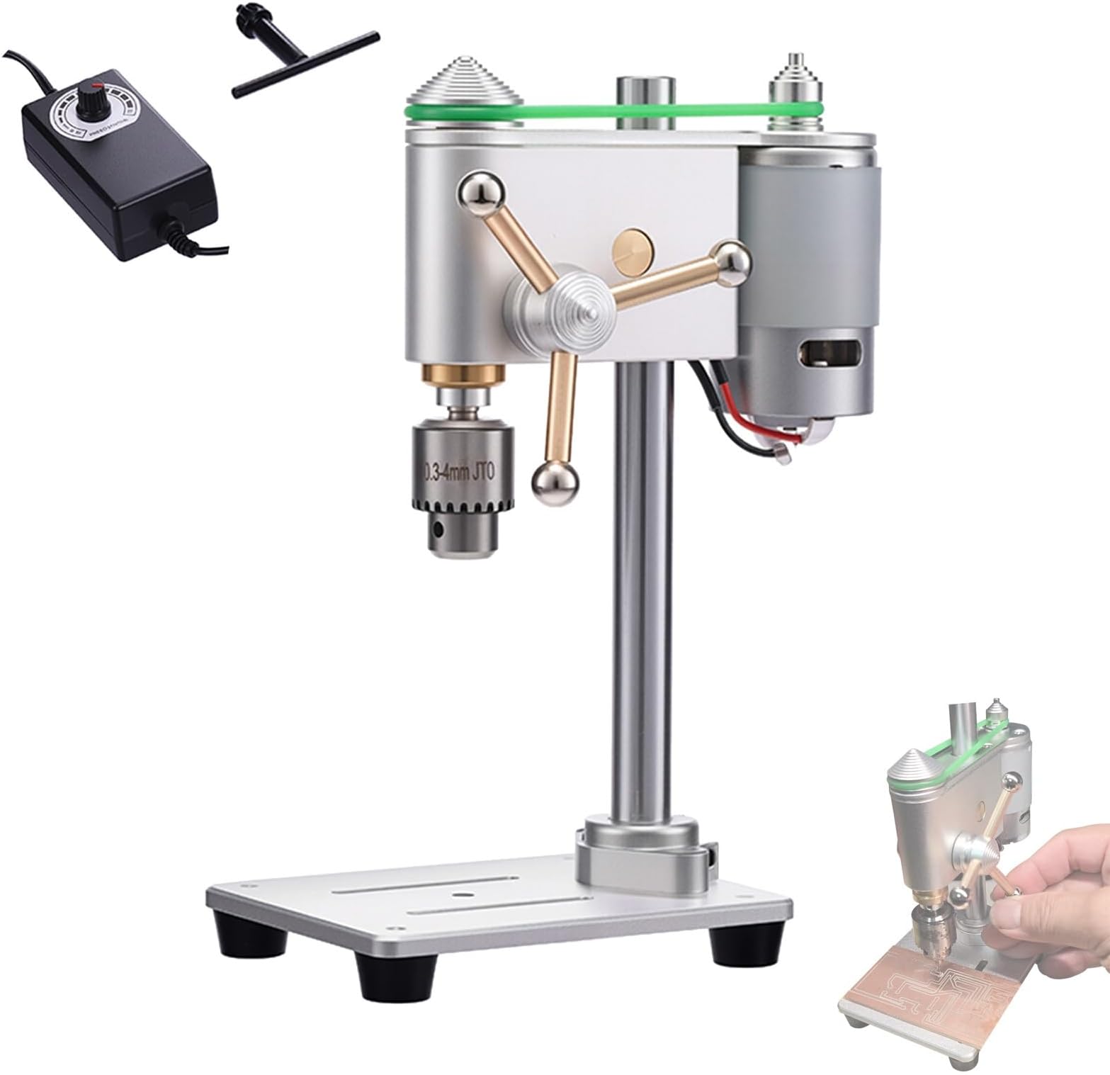 Mini Bench Drill, 8000rpm Precision Variable Speed Benchtop Drill Press, Clamping Range 0.3-4mm, Portable Repair Tool with Power Adapter for Watch Repair and Crafts