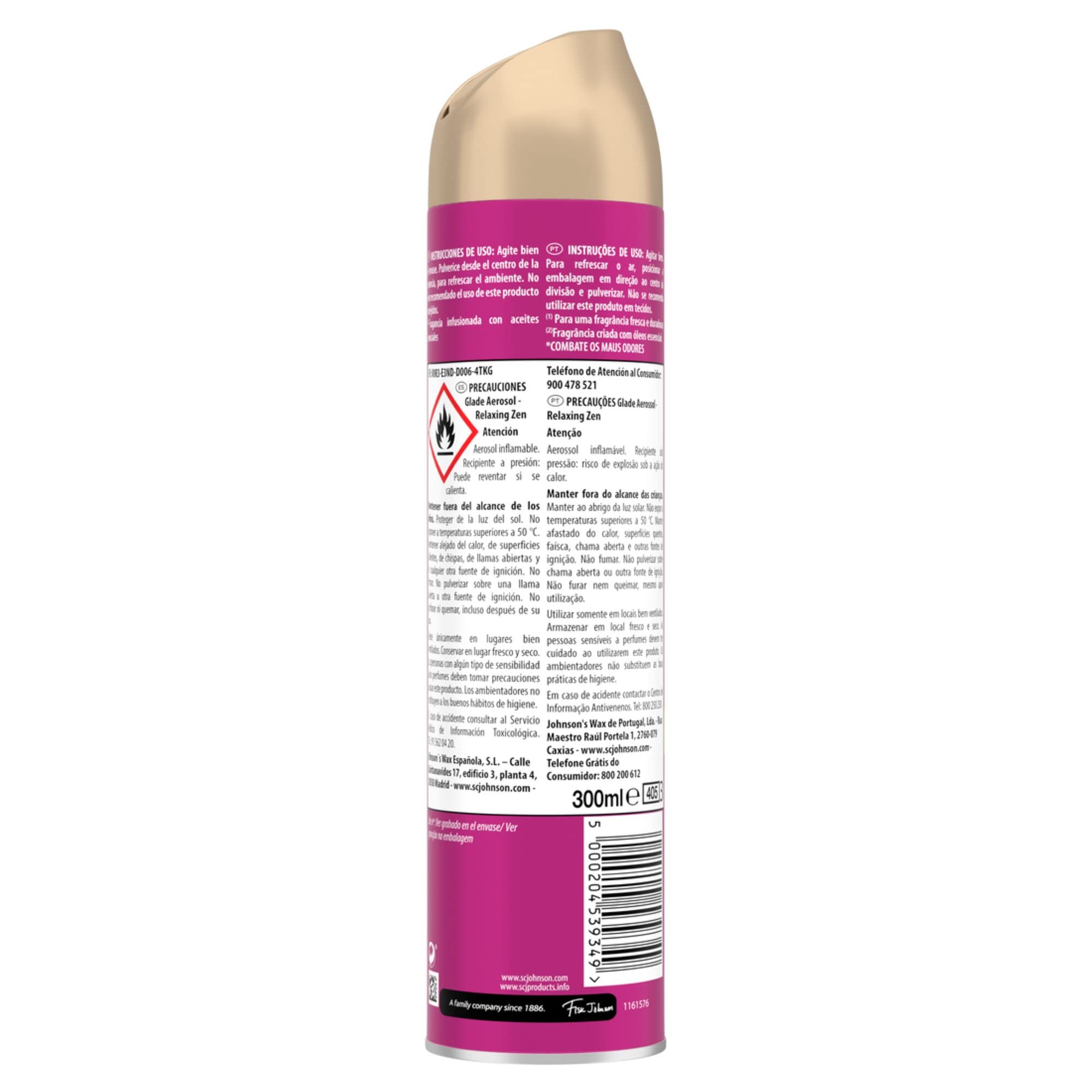 Glade - Ambientador Aerosol, eliminación de malos olores, hasta 7 horas de fragancia Relax Zen, con aceites esenciales, 1 unidad - 300ml (El embalaje puede variar)