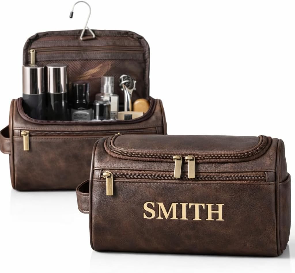 Personalized Toiletry Bag for Men, Custom Name PU Leather Travel Dopp Kit, Large Capacity Grooming Bag Organizer, Unique Gift Husband Boyfriend Dad, Birthday Father's Day Christmas Groomsmen Gift