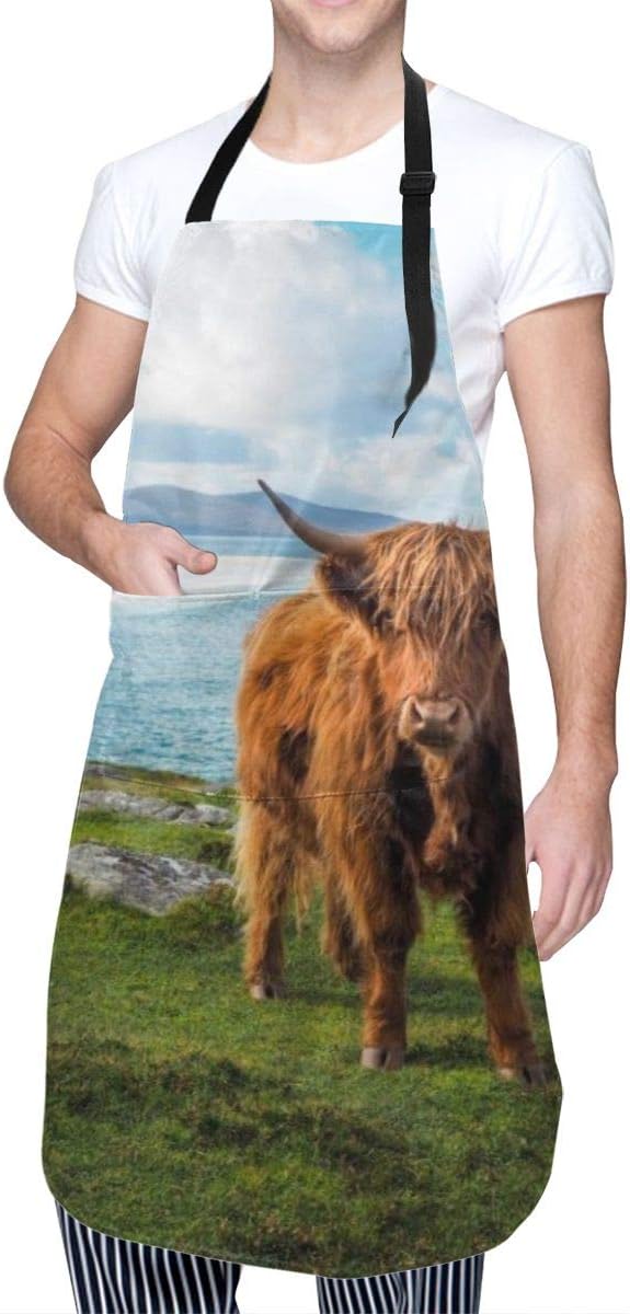 nonebrand Highland Cow By The Sea Unisex Kitchen Cooks Apron with 2 Pockets Professional Adjustable Chefs Apron for Baking Gardening Restaurant BBQ