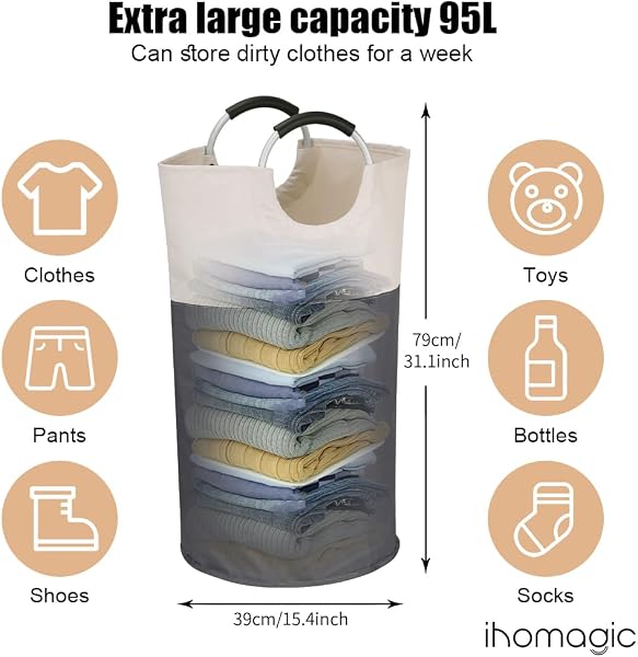 95L Cesto della Lavanderia del Tessuto, Porta Biancheria Sporca con Maniglia, Ceste Portabiancheria Autoportante, Cesto Portatile Decorativo per la bottiglia di stoccaggio, Gris Foncé - 2