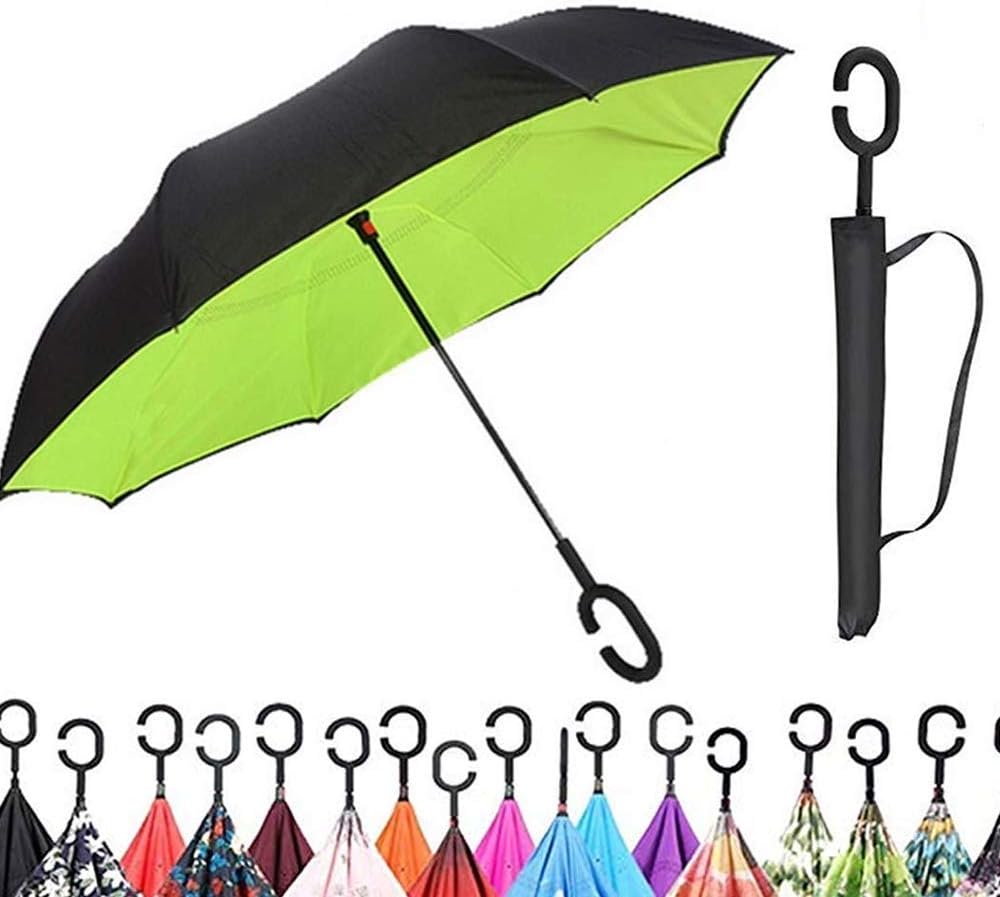 Original Deals Inverted Inside Out Umbrella | Double Layer Inverted UV Protection Unique Windproof Umbrella | Reverse Open Folding Umbrellas with C Hook for Hanging on Points (Green)
