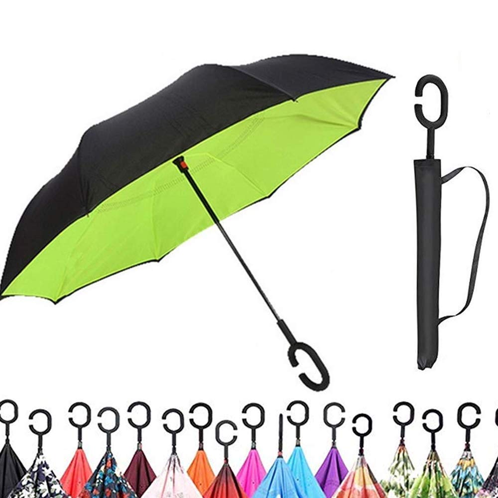 Original Deals Inverted Inside Out Umbrella | Double Layer Inverted UV Protection Unique Windproof Umbrella | Reverse Open Folding Umbrellas with C Hook for Hanging on Points (Green)