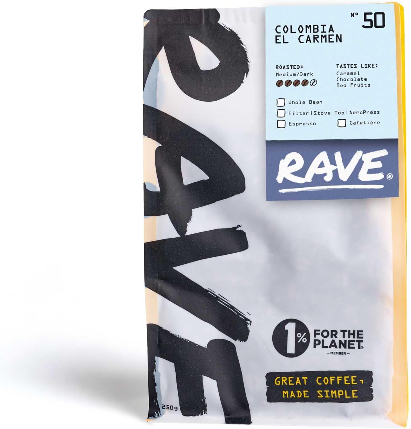 Rave CoffeeColombia El Carmen Nº 50 Single Origin, Cafetière Grind Freshly Roasted and Ground Coffee 250g
