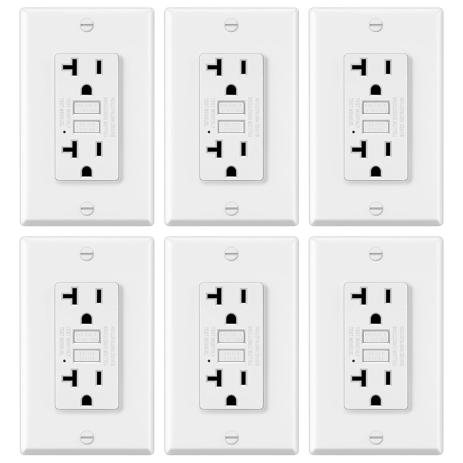 ELECTECK 6 Pack GFCI Outlets 20 Amp, Non-Tamper Resistant, Decor GFI Receptacles with LED Indicator, Ground Fault Circuit Interrupter, Wallplate Included, ETL Listed, White