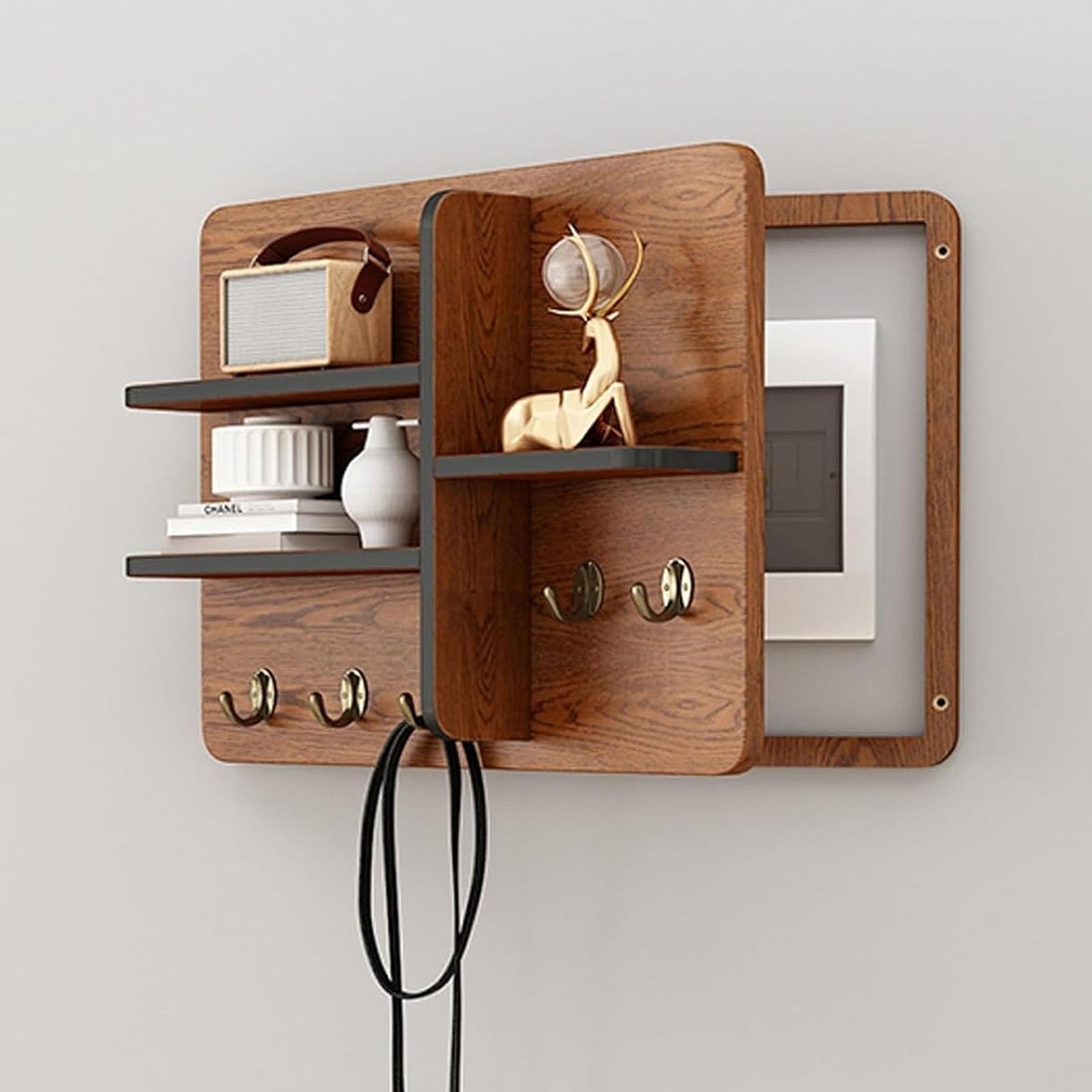 Decorative Wall Mounted Electrical Panel Cover, Wooden Decorative Breaker Box Covers with Shelves and Hooks, Hide Fuse Box Cover Cabinet for Home Decor(Brown,40x30cm/15.7x11.8in)