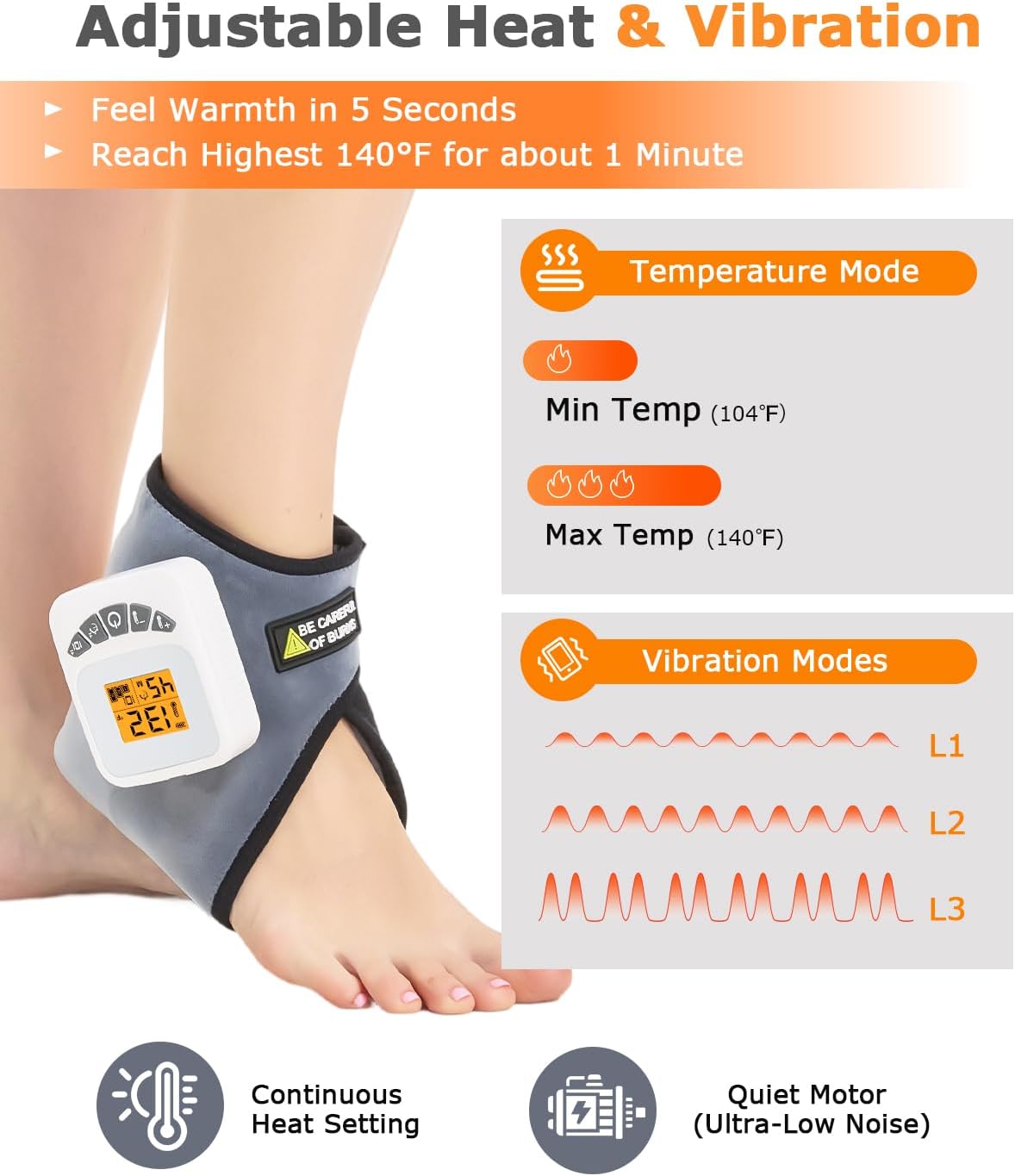 Cordless Ankle Heating Pad for Achilles Tendonitis and Plantar Fasciitis Relief, 5000mAh Battery Rechargeable Ankle Massager, 3-Level Vibration Massage & 104-140°F Heat Therapy, 30/45/60Mins Timer