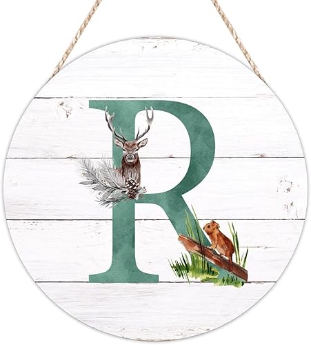 Miniatura 7 de BESTORLOVE Letrero de bienvenida para porche delantero monograma con inicial C letrero redondo de madera del alfabeto ciervo bosque flor de jardín
