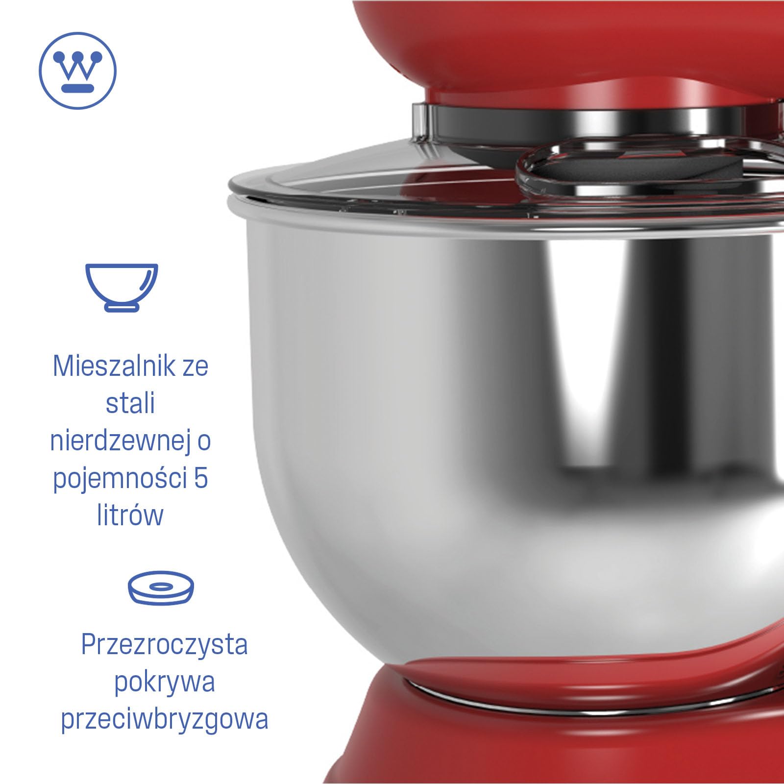 Westinghouse Retro Mikser stojący – 1200 W – Robot kuchenny 5 l Miska miksująca – Robot kuchenny – Mikser kuchenny – Robot kuchenny – Czerwony