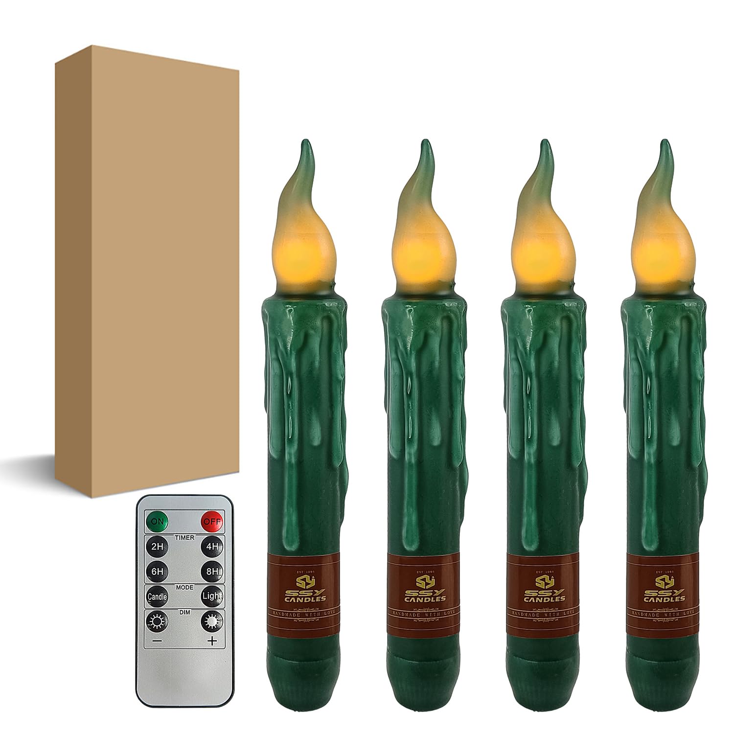 Dark Green Flameless Short Taper Candles, Real Wax Hand Dipped LED Battery Operated with Remote, Flickering Flame Lights for Festival Party Home Décor, 6.7 Inch Primitive Flameless Candles, 4PCS — image 1