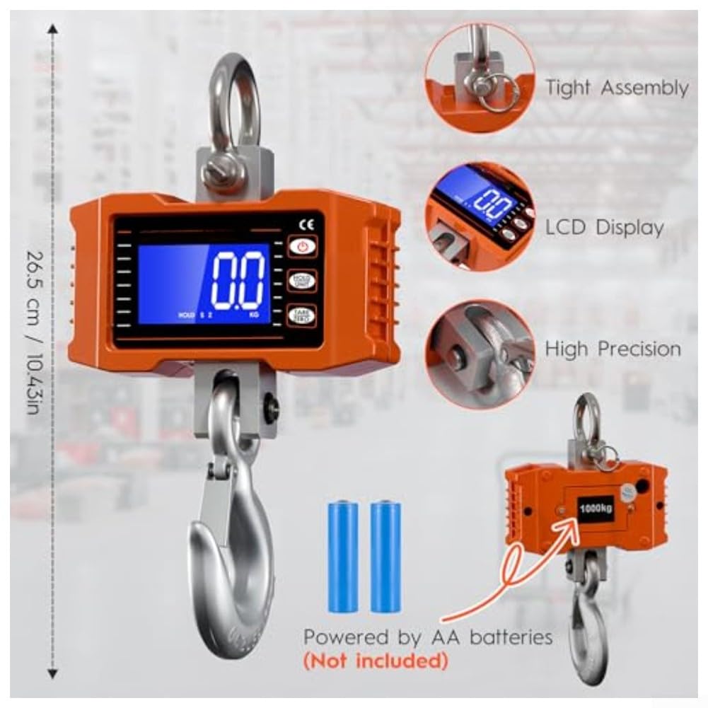 Báscula industrial de grúa de 1000 kg, báscula electrónica de elevación de visión directa, control remoto inalámbrico, color naranja, pesaje alimentado por pilas