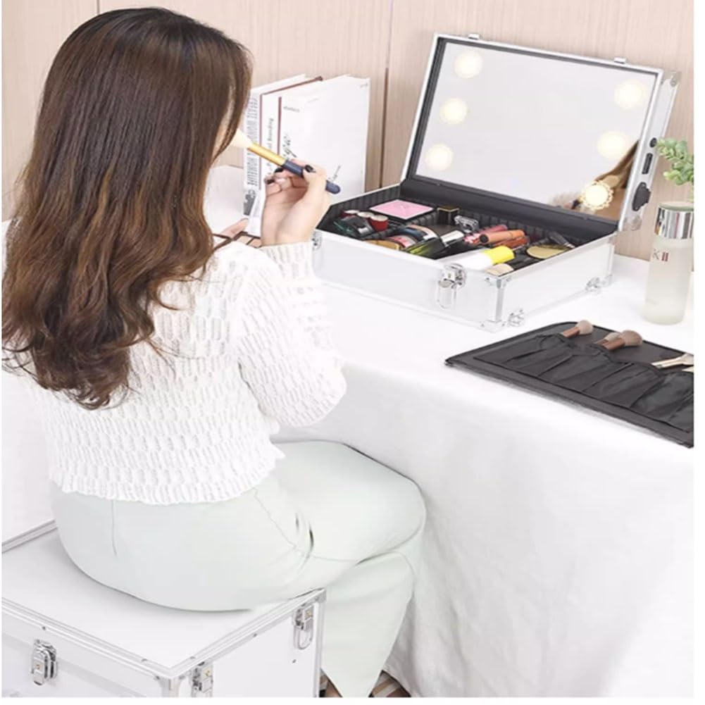 GRRICEPL Reisender Trolley Kasten Mit LED-Licht, Rollend Schminke Zug-Koffer, Beauty Storage Case, Mit Schubladen Einziehbarer Griff,. 360°Universal Räder (Farbe : Silver-A, Größe : 37x27x67cm)