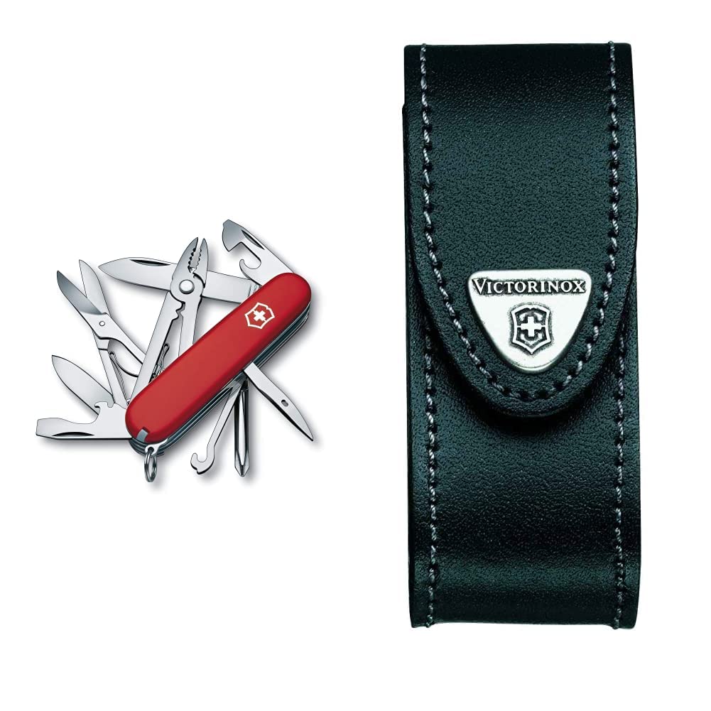 Victorinox Taschenmesser Deluxe Tinker (17 Funktionen, Phillips-Schraubendreher, Kombizange, Schere) rot & Leder-Etui (für Taschenmesser, Gürtelschlaufe, Klettverschluss, schwarz, 3cm x 10cm) schwarz