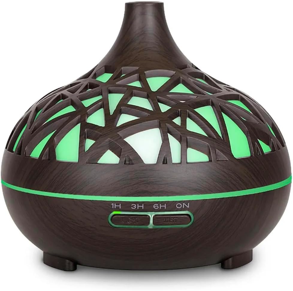 500ml Essential Oil Diffuser with Dark Wood Grain Finish, LED Color Changing Light, Geometric Pattern Design, Timer Settings, Aromatherapy Humidifier