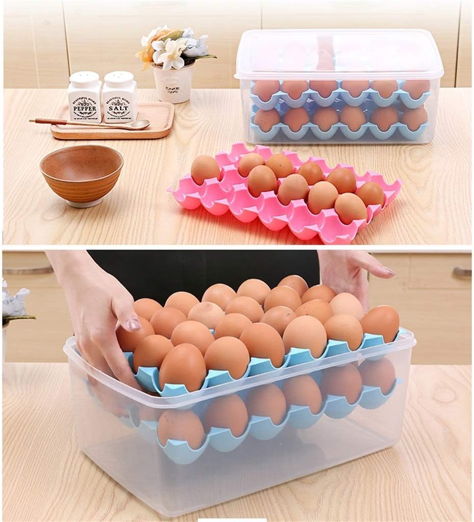Egg Tray with Lid Keep Fresh Storage Box Shockproof 24 Cells Egg Protector Holder for Refrigerator Kitchen (Color : Pink) (Blue)