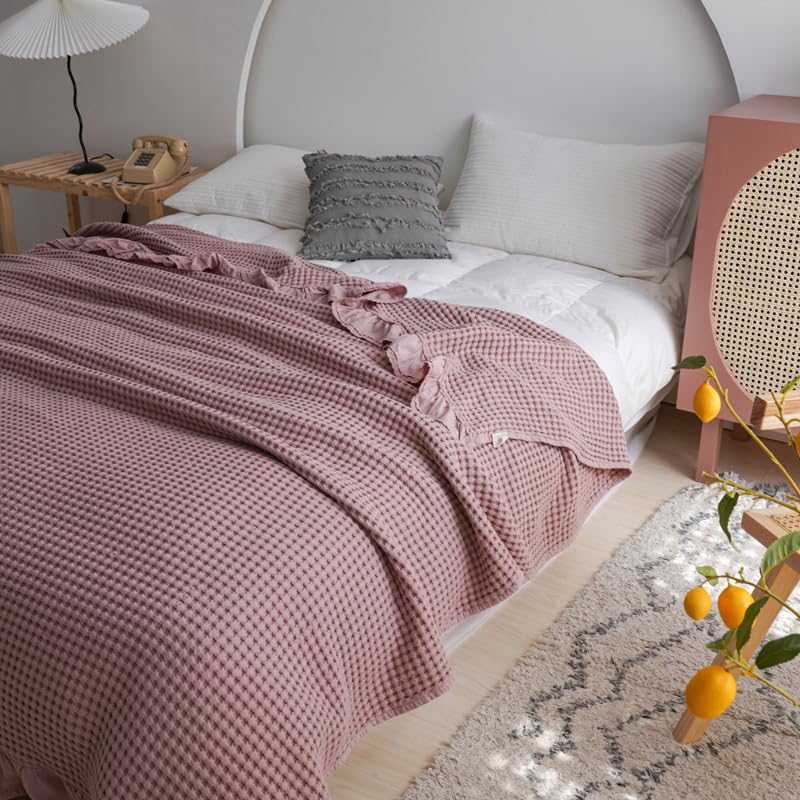 Waffeldecke aus 100% Baumwolle, Rosa, 200x230 cm, mit Rüschen, Ganzjahresdecke für Bett und Sofa (Nussbraun‑Rosa, 200 * 230cm)