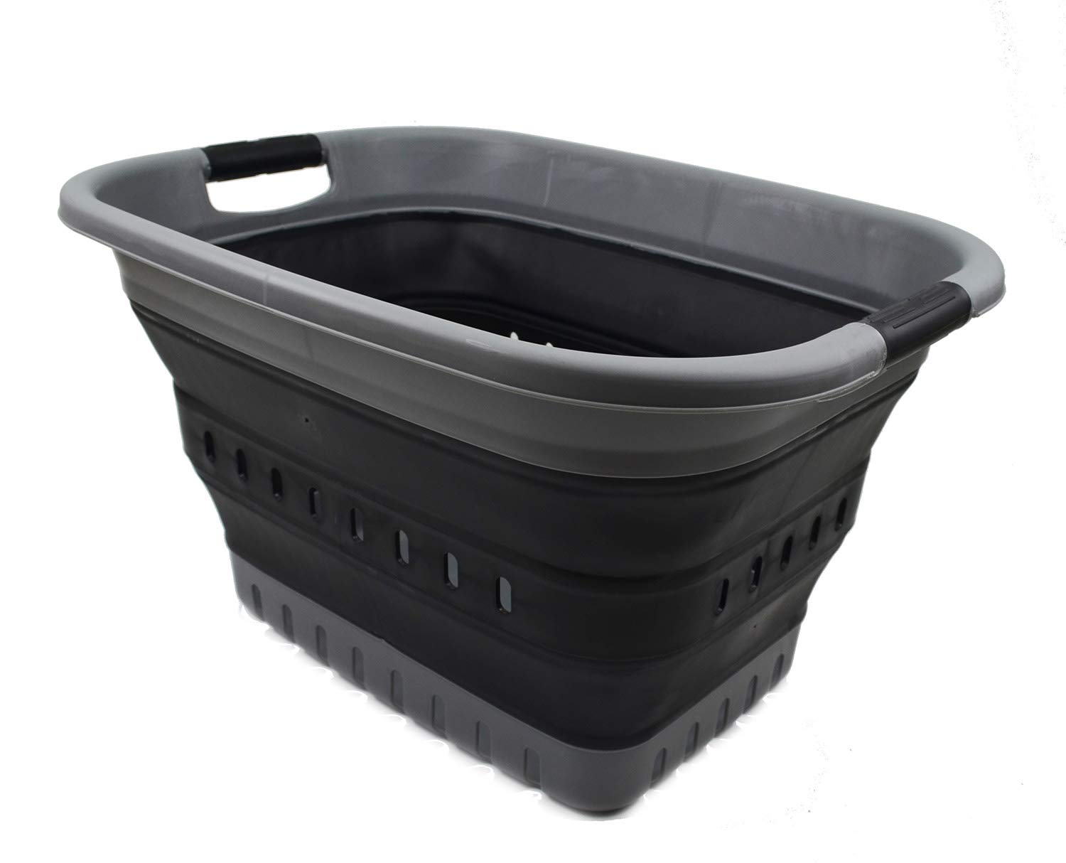 SAMMART Cesto portabiancheria pieghevole in plastica, 37 l, contenitore/organizer pieghevole – cestino salvaspazio (1, grigio/nero)