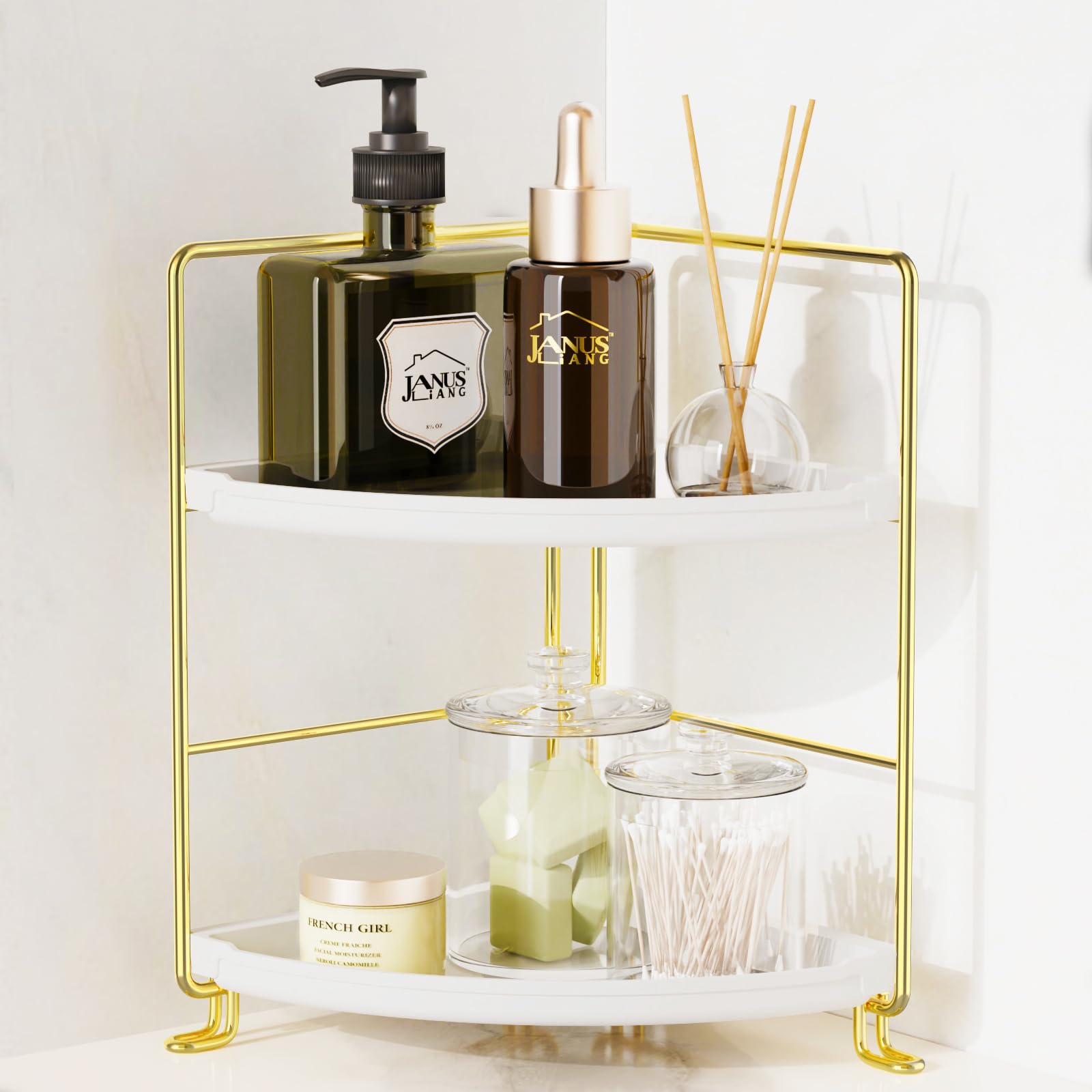 JANUS LiANG 2-Tier Corner Bathroom Countertop Organizer, Tiny Counter Corner Shelf Skincare Makeup Perfume Organizer and Organization for Kitchen (