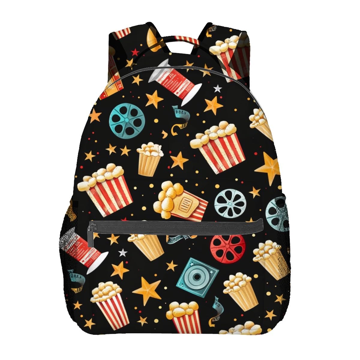 MIEPOS Movie Night Backpack,Fun Popcorn Polyester Backpacks,Lightweight Double Shoulder Back Pack for Wome,Film Reel Star Black Bookbag,School Bag