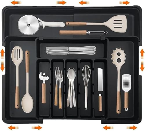 Wnddle Cutlery Drawer Organiser, Expandable Utensil Tray for Kitchen, Black Tray for Kitchen Utensils, Expandable Large Plastic Cutlery Organiser, Adjustable Storage for Spoons Forks Knives
