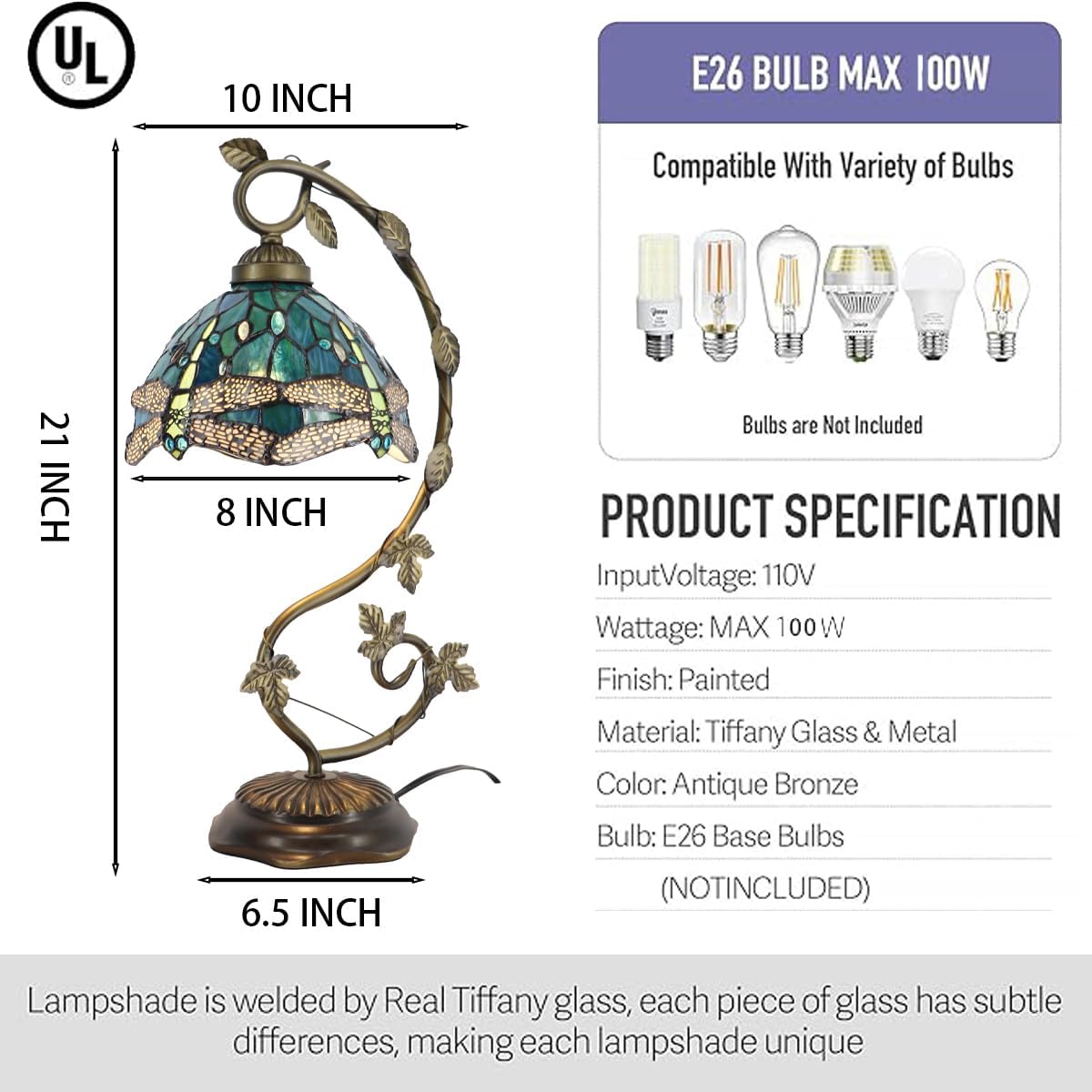 Tiffany Table Lamp, Stained Glass Desk Light, 8X10X21 Inches, Metal Leaf Base (Sea Blue Dragonfly Style)