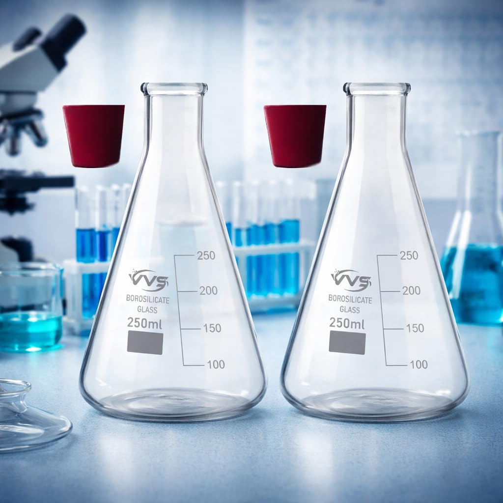 VVS Borosilicate 3.3 Glass Conical Flask -250ml 2 Pcs with Graduation Marks and spot, Cork 2 combo of 4 products for school collage chemistry lab laboratory And Professional use-image-12