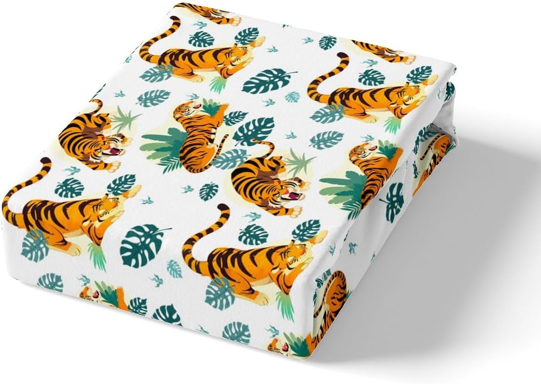 Feelyou Tiger Bed Sheets Turtle Leaf Tiger Sheet Set for Kids Boys Girls Wild Animal Theme Bed Set Wildlife Style Design Branches Sheets Bedroom Collection 3Pcs Twin Size
