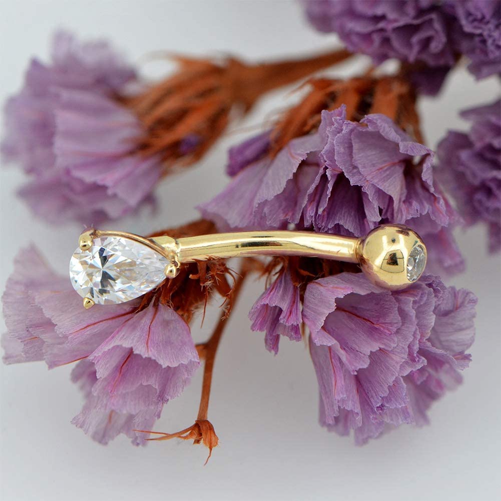 OUFER Anillo de ombligo de oro macizo de 14K con forma de lágrima transparente CZ Clear Teardrop CZ Navel Anillos Belly Bars Bauchnabel piercing en nabel, 10 mm, metal