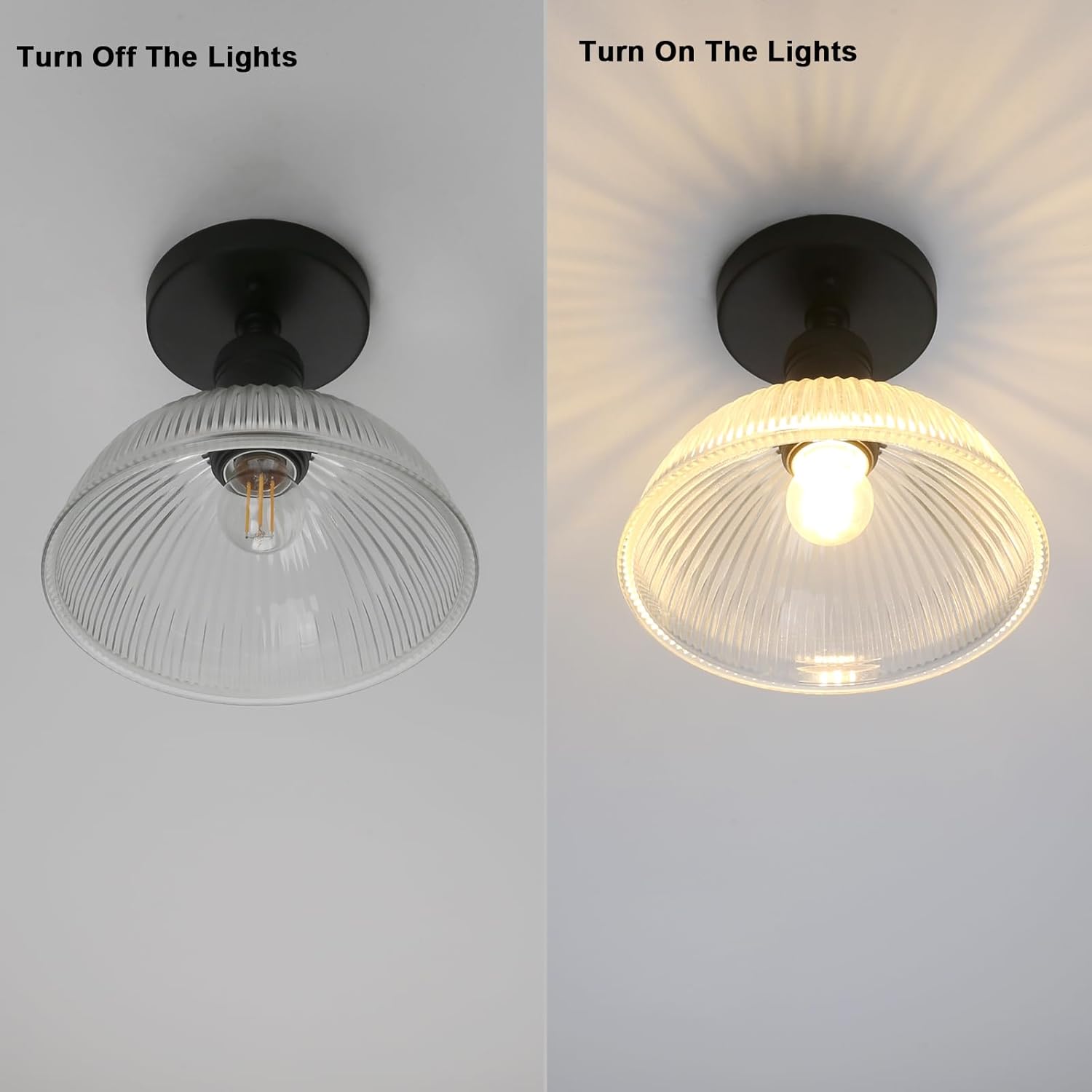 Yosoan 1-Light Vanity Indoor Hallway Ceiling Light, Flush Mount Single Modern Hardwired Vintage Industrial Retro Clear Striped Bowl Shade Farmhouse Lamp for Corridor Kitchen Bathroom Bedroom(Black)