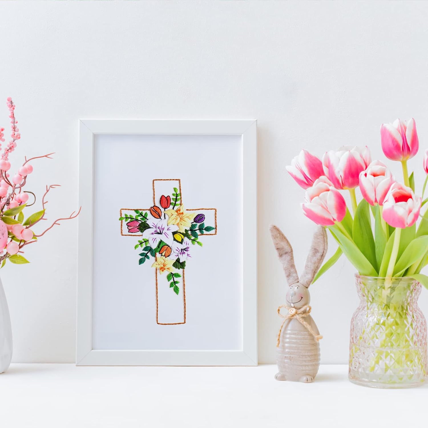 Louise Maelys Cross Lily Pattern Embroidery Starter Kit,Cross Stitch Kits for Adults with Embroidery Hoop Needles Threads Instruction -Easter Jesus