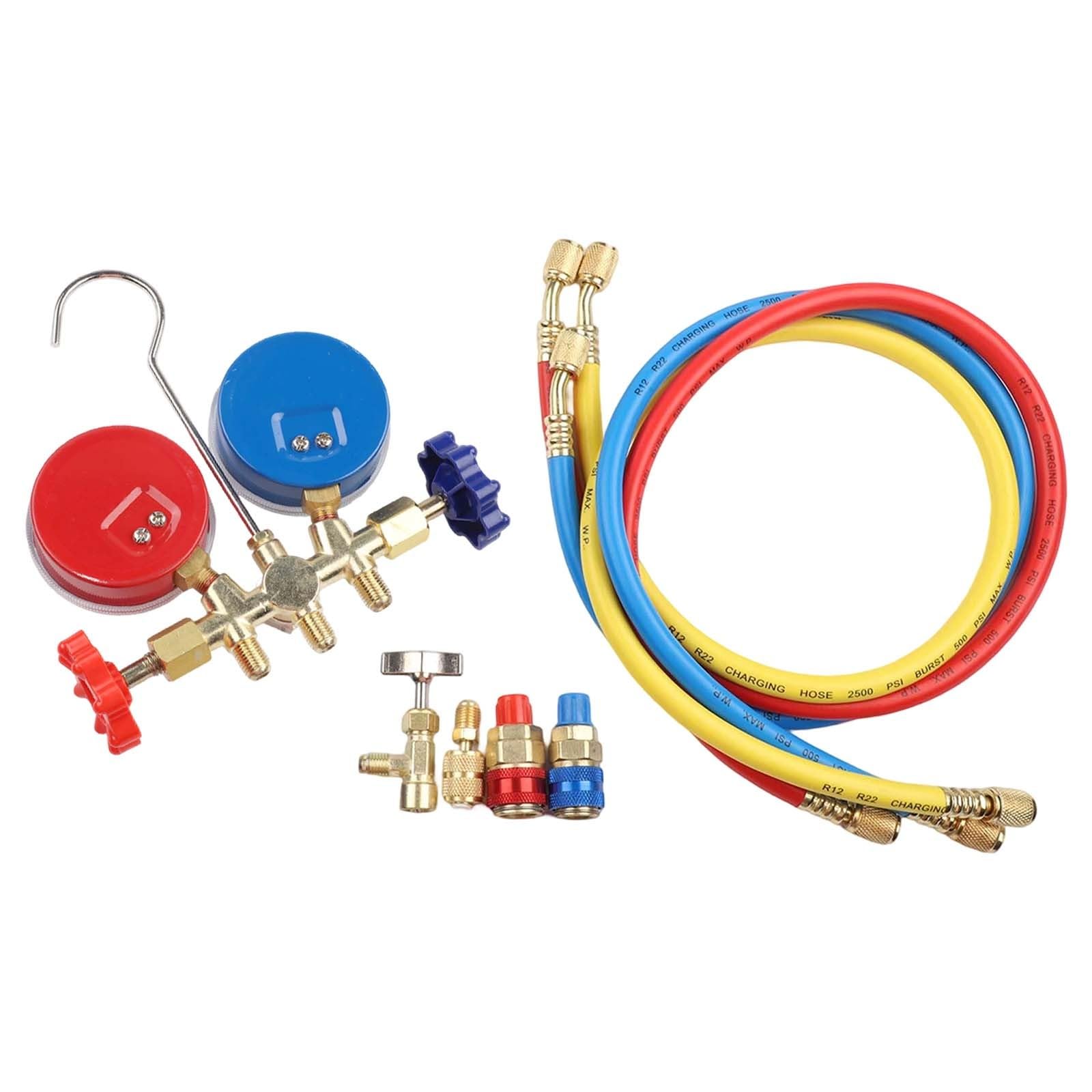 Manifolddruckmessgerät Set für Klimaanlagenwartung, geeignet für R410A R32 R404A R134A, mit 2 Manometern, 3 Schläuchen (rot/blau/gelb) und Haken, Messinggehäuse