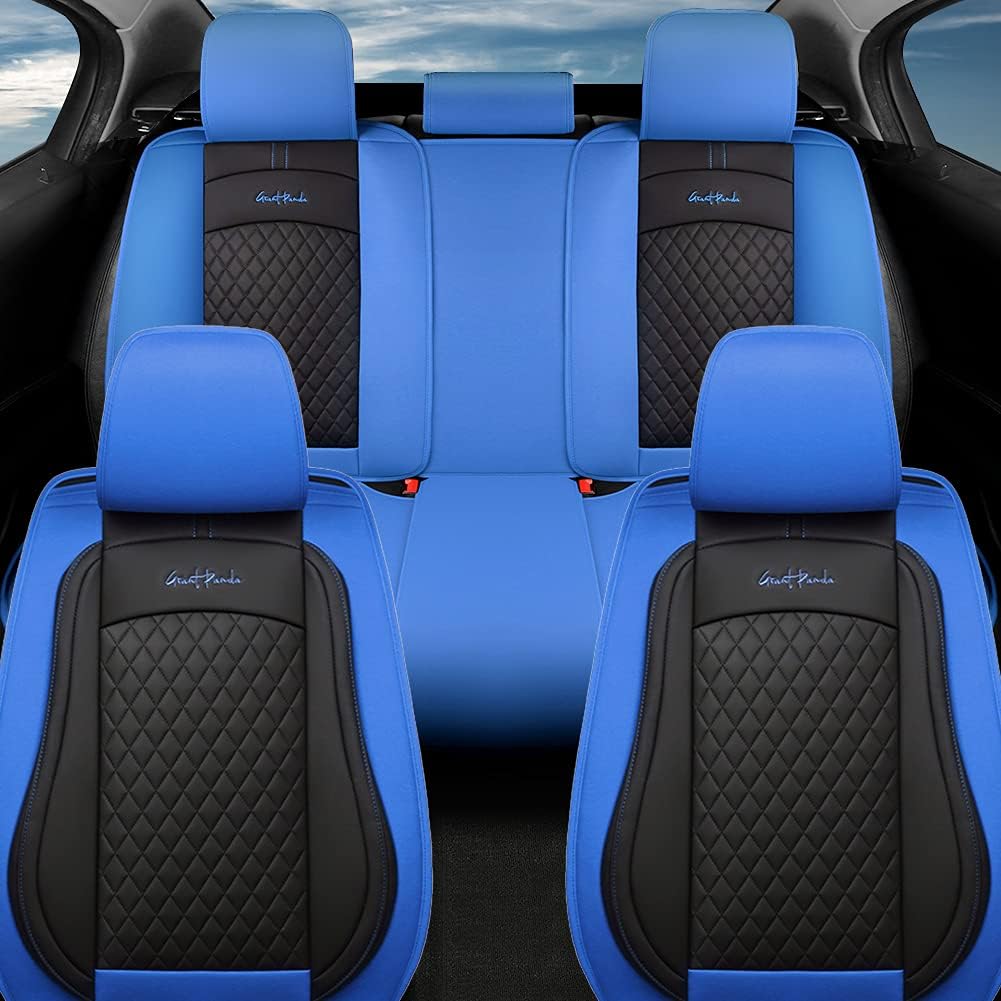 GIANT PANDA Full Set Car Seat Covers Luxury Faux Leatherette Seat Cushions Covers for 5-Seater Models, Fit Most Cars SUV Pick-up Trucks (Blue)