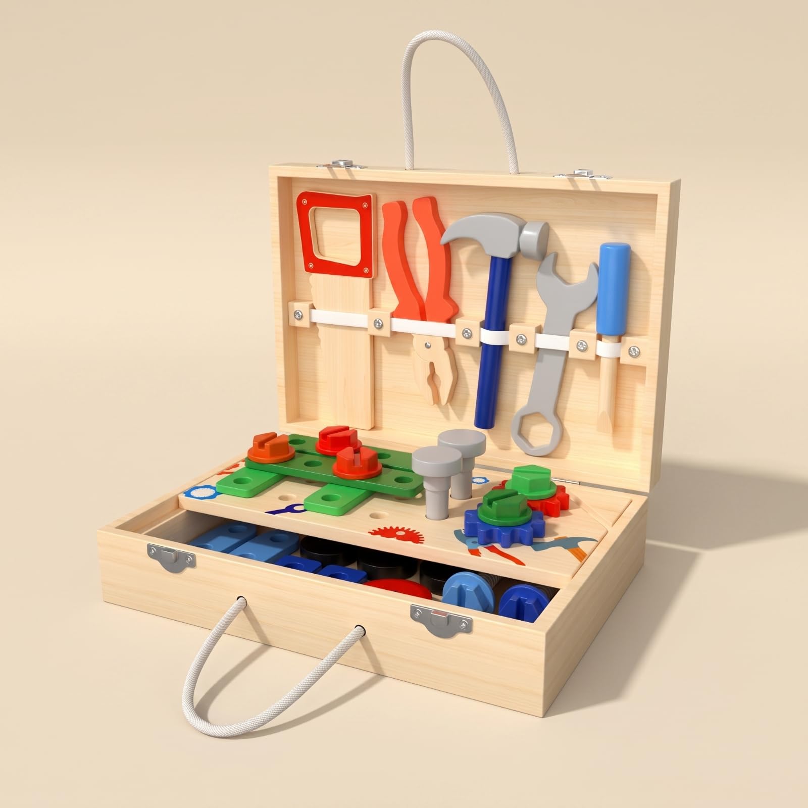 Set di Attrezzi in Legno Multifunzionale | Portatile, Valigetta Attrezzi per Bambini, Richiudibile, Banco Lavoro Giocattolo,