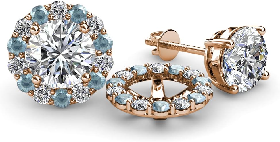 Round Aquamarine & Diamond 0.73 ctw Halo Jacket for Stud Earrings 14K Gold