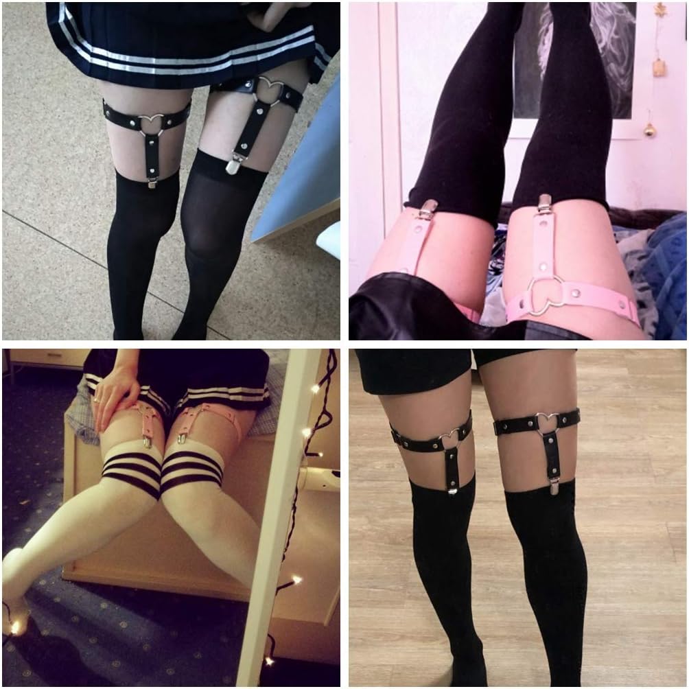 eYLun Women Girls Heart Leather Leg Garter Belt Adjustable Punk Gothic Elasticity Leg Garter Belts 2pcs